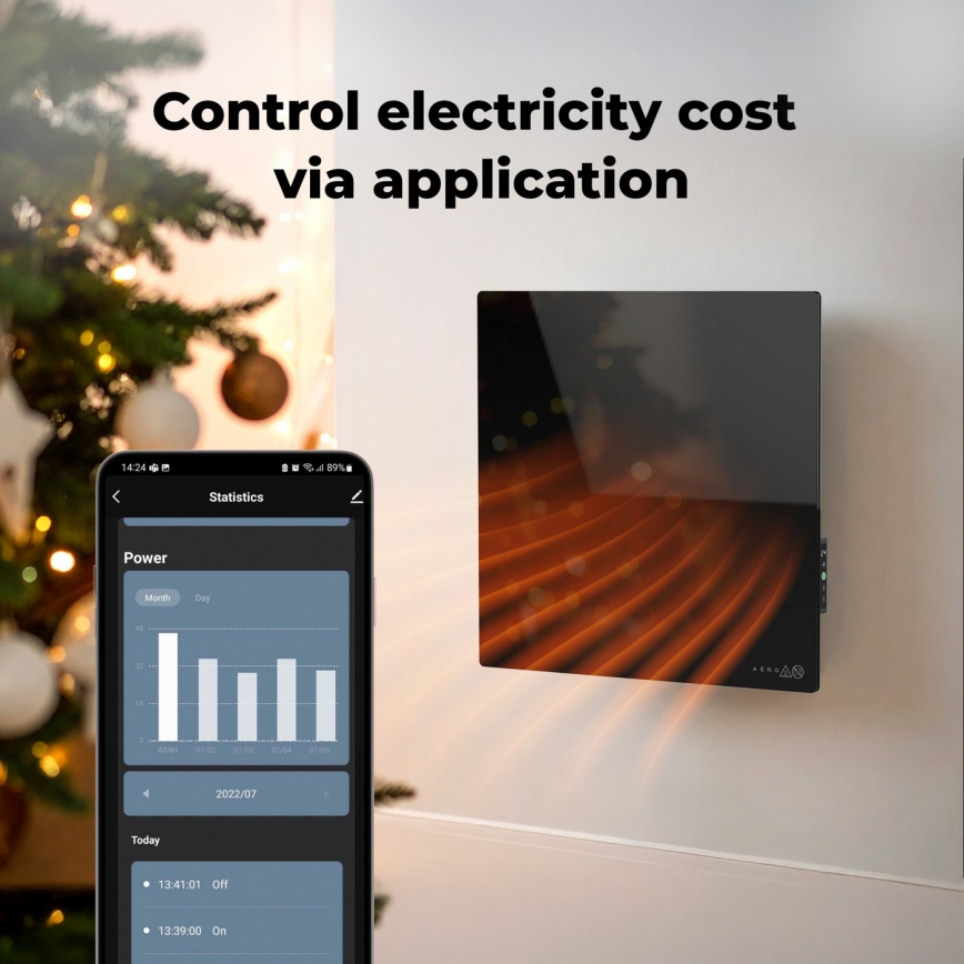 AENO - Panel calefactor infrarrojo eléctrico inteligente 500 W con temporizador y termostato, Wi-Fi, negro