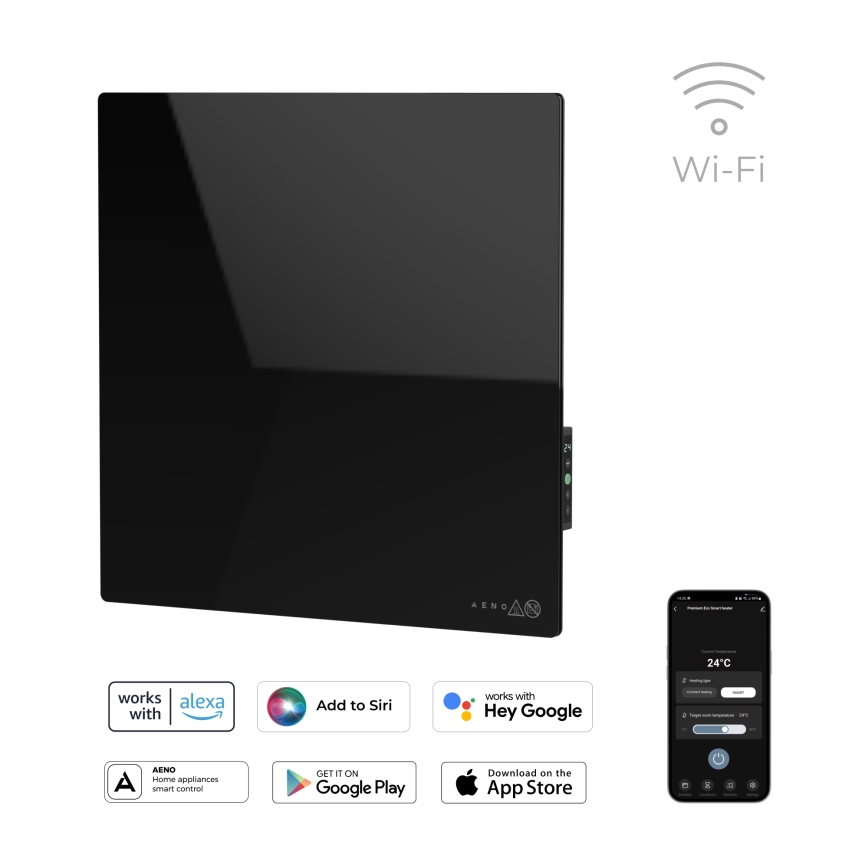 AENO - Panel calefactor infrarrojo eléctrico inteligente 500 W con temporizador y termostato, Wi-Fi, negro