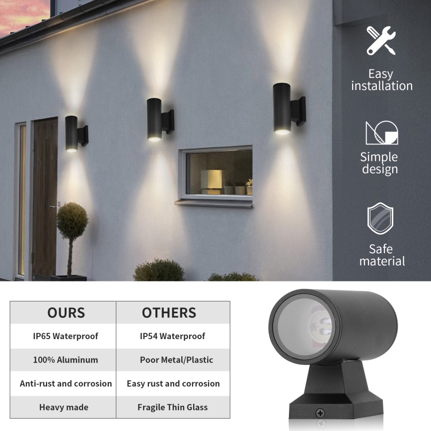 Aigostar - Aplique de pared para exterior 2xGU10/35W/230V IP65 negro redondo