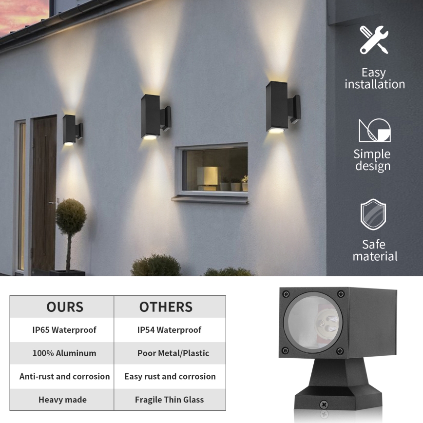 Aigostar - Aplique mural exterior 2xGU10/230V IP65 negro cuadrado