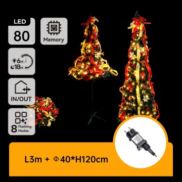 Aigostar - Árbol de Navidad exterior LED 80xLED 1,2m IP44 rojo/dorado blanco cálido