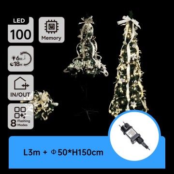 Aigostar - Árbol de Navidad LED para exterior 100 LEDs 1,5 m IP44 blanco/dorado, luz blanca fría