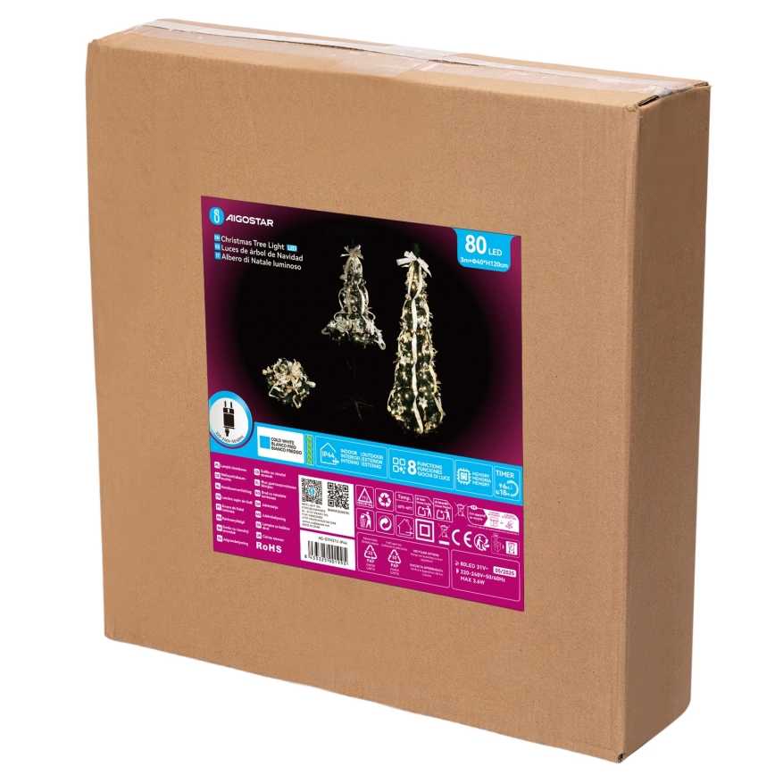 Aigostar - Árbol de Navidad LED para exterior 80xLED 1,2m IP44 blanco/dorado, luz blanca fría