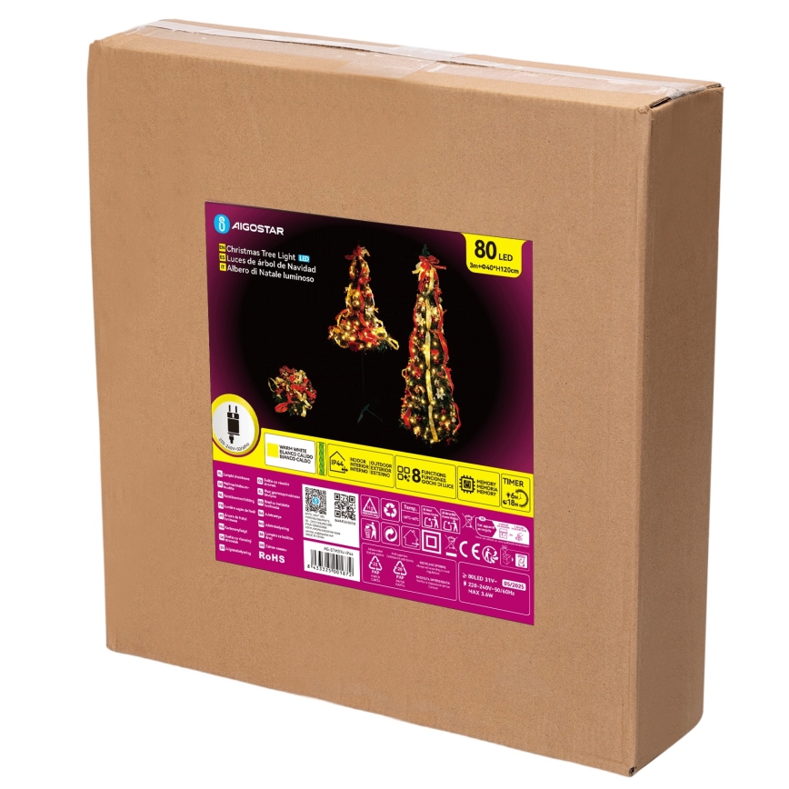 Aigostar - Árbol de Navidad exterior LED 80xLED 1,2m IP44 rojo/dorado blanco cálido