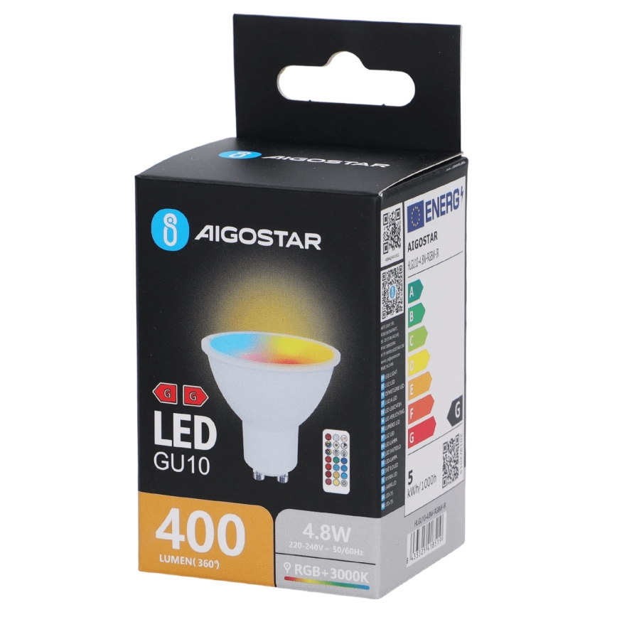 Aigostar - Bombilla LED RGBW regulable GU10/4,8W/230V 3000K + mando a distancia