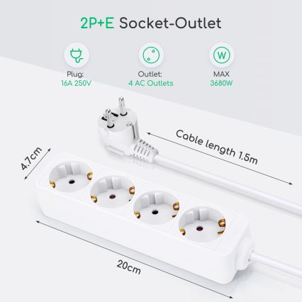 Aigostar - Cable de extensión 4Z Tipo F 1,5m blanco SCHUKO