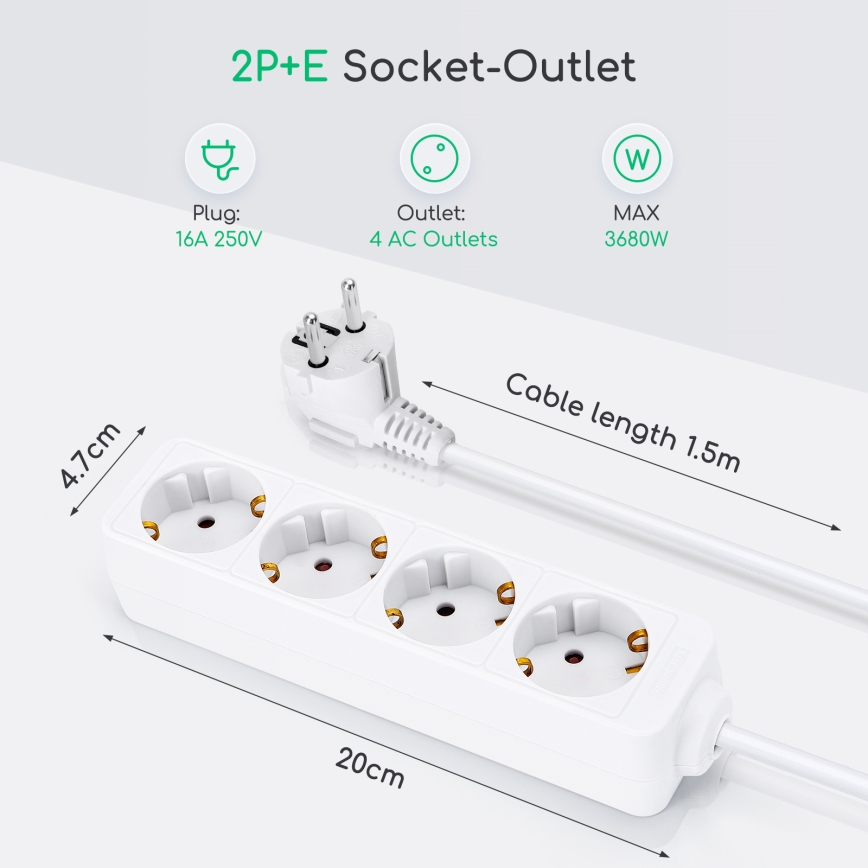 Aigostar - Cable de extensión 4Z Tipo F 1,5m blanco SCHUKO