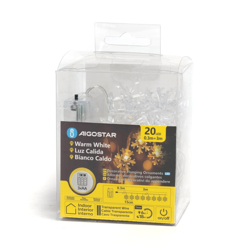 Aigostar - Cadena de luces LED 20xLED/3xAA 3,3m copos de nieve