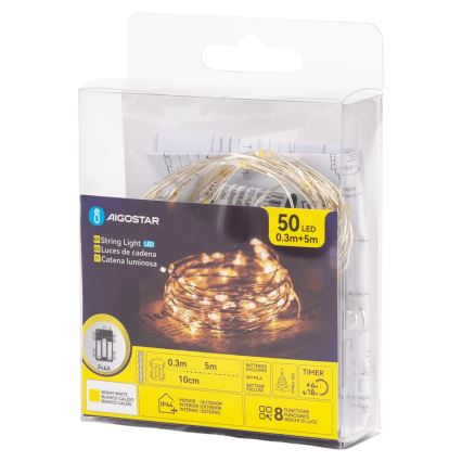 Aigostar - Guirnalda LED exterior, 50 LEDs, 8 funciones, 3 pilas AA, 5,3 m, blanco cálido