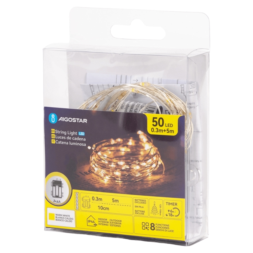Aigostar - Guirnalda LED exterior, 50 LEDs, 8 funciones, 3 pilas AA, 5,3 m, blanco cálido