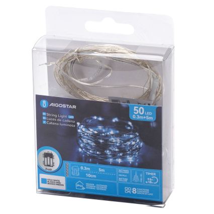 Aigostar - Cadena de luces LED para exterior 50xLED/3xAA IP44 5,3 m blanco frío