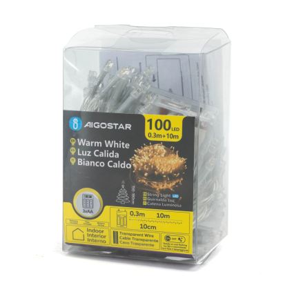 Aigostar - Cadena de luces LED de Navidad 100xLED/3xAA 10,3m blanco cálido