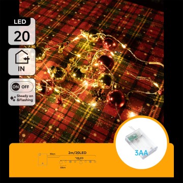 Aigostar - Cadena de luces LED de Navidad 20xLED/3xAA 2m blanco cálido