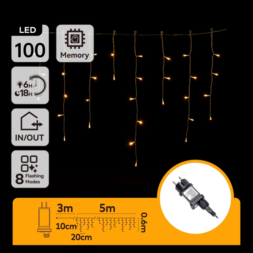 Aigostar - Cadena de luces LED navideña para exterior 100xLED/8 funciones 8x0,6m IP44 blanco cálido