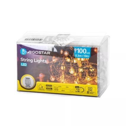 Aigostar - Cadena de luces LED para exterior 100xLED/3xAA/8 funciones 10,3 m IP44 blanco cálido