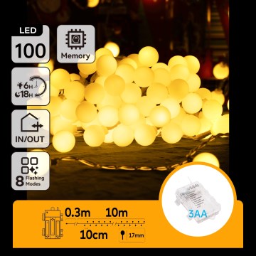Aigostar - Cadena de luces LED para exterior, 100 LEDs, 3xAA, 8 funciones, 10,3 m, IP44, blanco cálido
