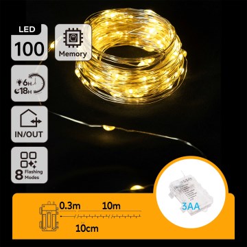 Aigostar - Cadena de luces LED para exterior, 100 LEDs / 8 funciones, 3xAA, 10,3 m, IP44, blanco cálido