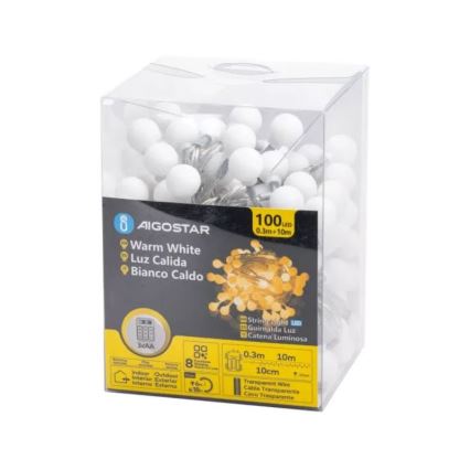 Aigostar - Cadena de luces LED para exterior, 100 LEDs, 3xAA, 8 funciones, 10,3 m, IP44, blanco cálido