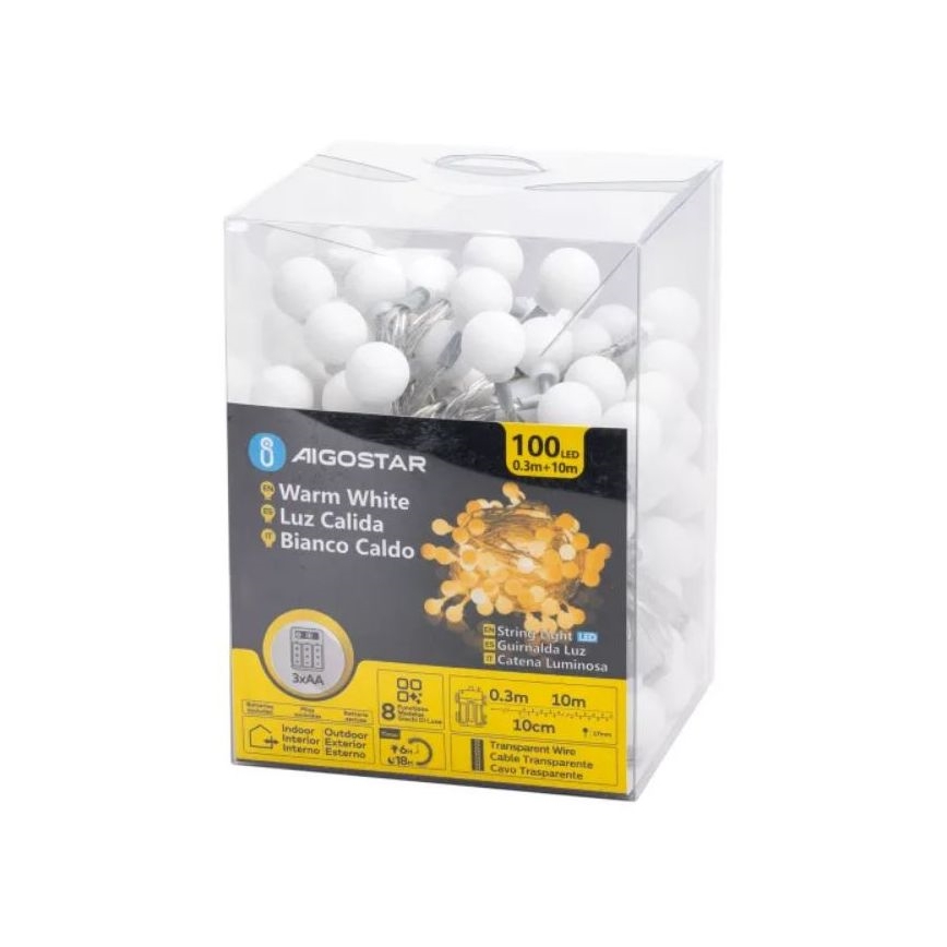 Aigostar - Cadena de luces LED para exterior, 100 LEDs, 3xAA, 8 funciones, 10,3 m, IP44, blanco cálido