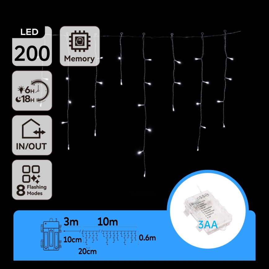 Aigostar - Guirnalda LED exterior 200xLED/8 funciones 3xAA 13x0,6m IP44 blanco frío