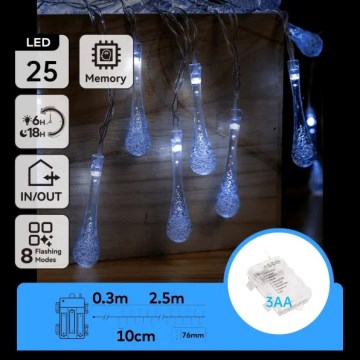 Aigostar - Cadena de luces LED para exterior, 25 LEDs/8 modos, alimentada por 3 pilas AA, 2,5 m, IP44, blanco frío, diseño en gotas