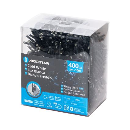 Aigostar - Cadena de luces LED para exterior 400 LEDs, 8 funciones, 13 m, IP44, blanco frío