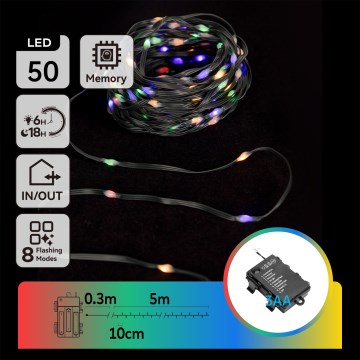 Aigostar - Cadena de luces LED para exterior 50 LEDs/8 funciones 3xAA 5,3 m IP44 multicolor