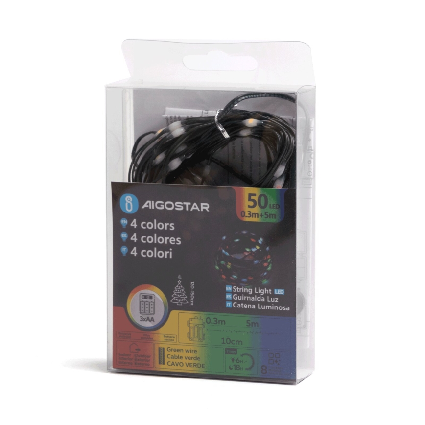 Aigostar - Cadena de luces LED para exterior 50 LEDs/8 funciones 3xAA 5,3 m IP44 multicolor