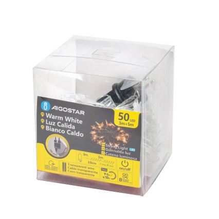 Aigostar - Cadena de luces LED para exterior, 50 LEDs, 8 funciones, 8 m, IP44, blanco cálido