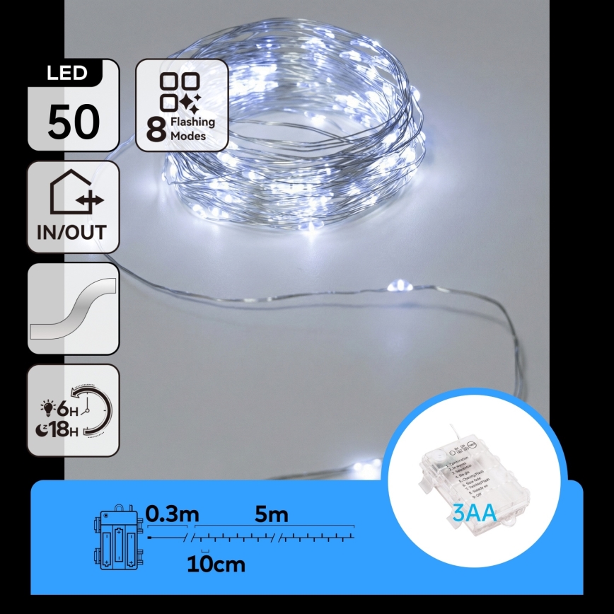 Aigostar - Cadena de luces LED para exterior 50xLED/3xAA IP44 5,3 m blanco frío