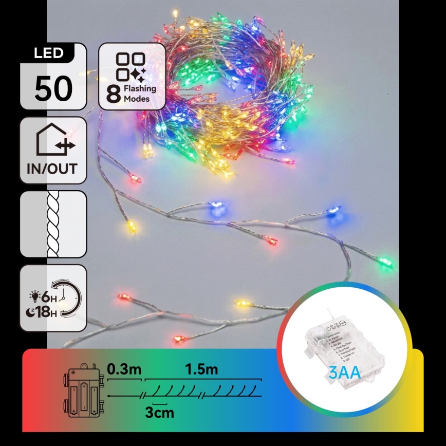 Aigostar - Cadena de luces LED para exterior 50xLED/8 funciones 3xAA 1,8m IP44 multicolor