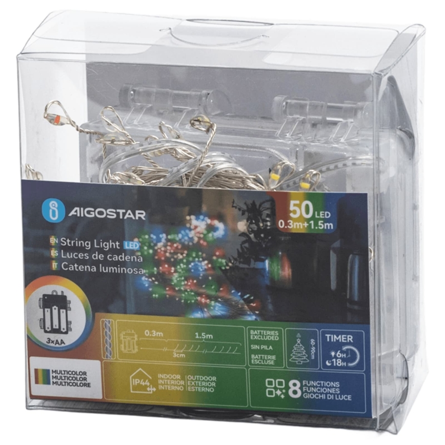 Aigostar - Cadena de luces LED para exterior 50xLED/8 funciones 3xAA 1,8m IP44 multicolor