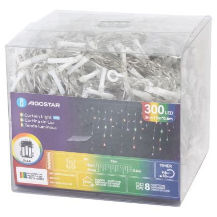 Aigostar - Cadena navideña LED para exterior 300 LEDs/8 funciones 3xAA 18x0,6 m IP44 multicolor