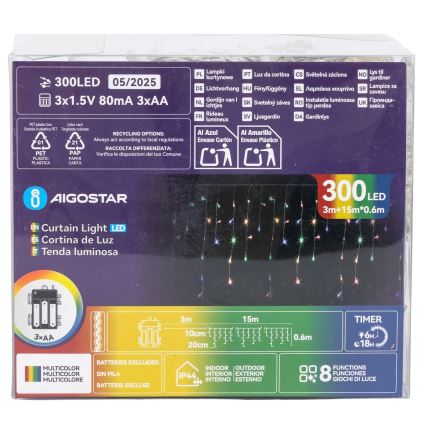 Aigostar - Cadena navideña LED para exterior 300 LEDs/8 funciones 3xAA 18x0,6 m IP44 multicolor