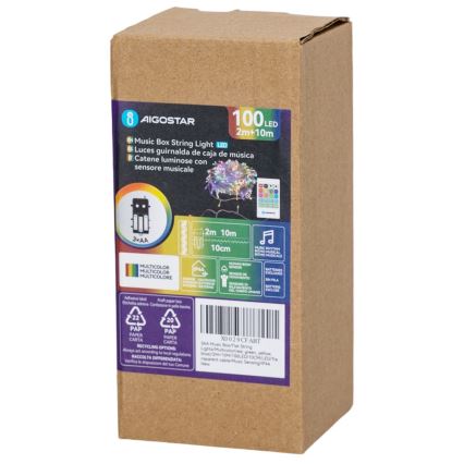 Aigostar - Guirnalda navideña LED regulable para exterior con sensor de movimiento 100xLED/3xAA 12m multicolor + mando a distancia