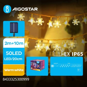 Aigostar - Cadena de luces LED solar para Navidad 50xLED/8 funciones 12m 800mAh IP65 blanco cálido