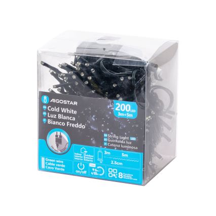 Aigostar - Cadena de luces navideña LED para exterior 200 LEDs/8 funciones 8 m IP44 blanco frío