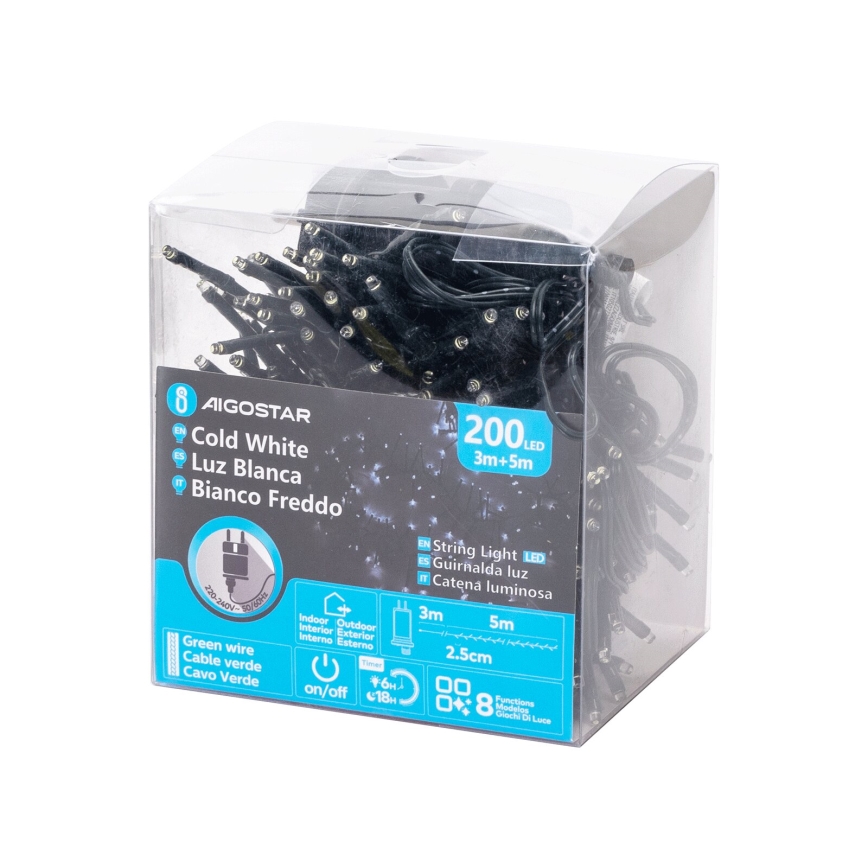 Aigostar - Cadena de luces navideña LED para exterior 200 LEDs/8 funciones 8 m IP44 blanco frío