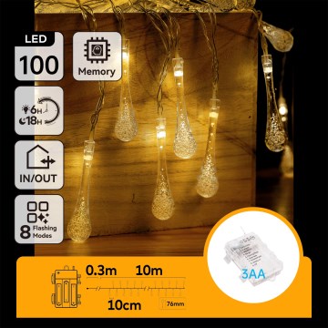 Aigostar - Cadena de luces navideñas LED para exterior 100 LEDs/8 funciones 3xAA 10 m IP44 blanco cálido gotas