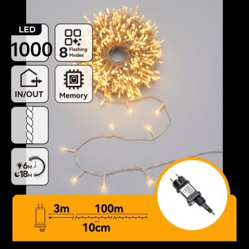Aigostar - Cadena de luces navideñas LED para exterior 1000 LED/8 funciones de 103 m IP44 blanco cálido
