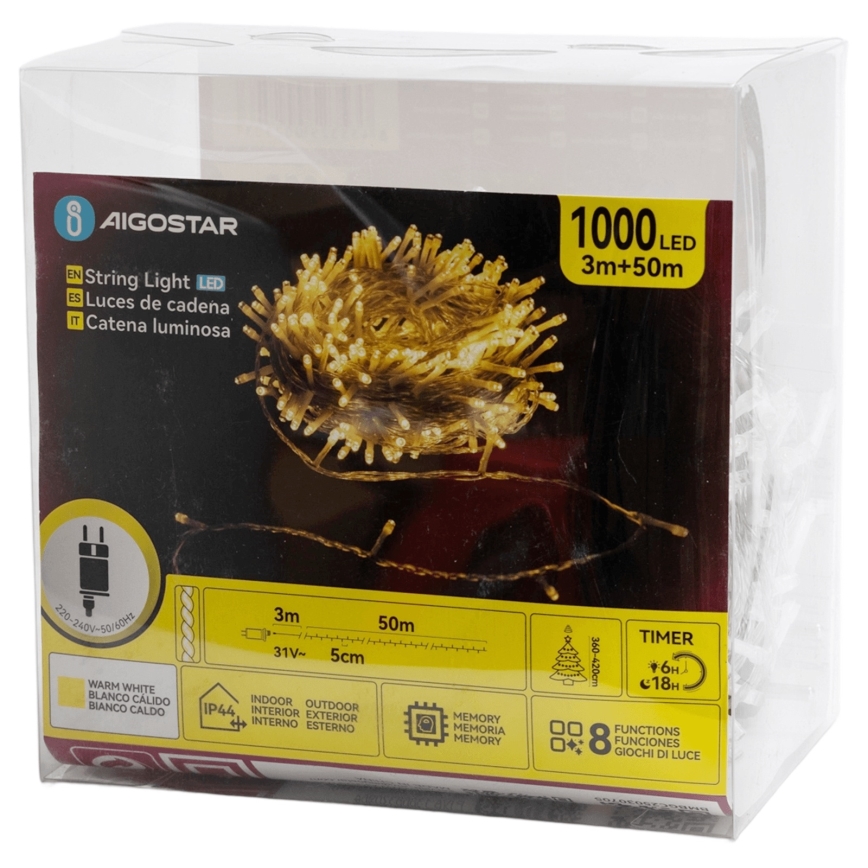 Aigostar - Cadena de luces navideñas LED para exterior 1000 LEDs/8 funciones 50 m IP44 blanco cálido