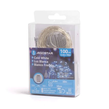 Aigostar - LED guirnalda navideña para exterior 100xLED/8 funciones/3xAA 10,3m IP44 blanco frío