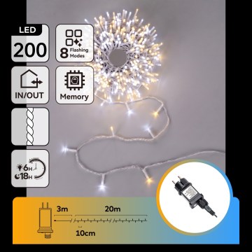 Aigostar - Cadena de luces navideñas LED para exterior, 200 LED / 8 funciones, 23 m, IP44, blanco cálido/blanco frío