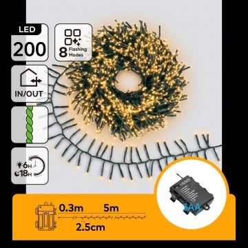 Aigostar - Cadena de luces navideñas LED para exterior, 200 LED / 8 funciones, 3xAA, 5,3 m, IP44, blanco cálido