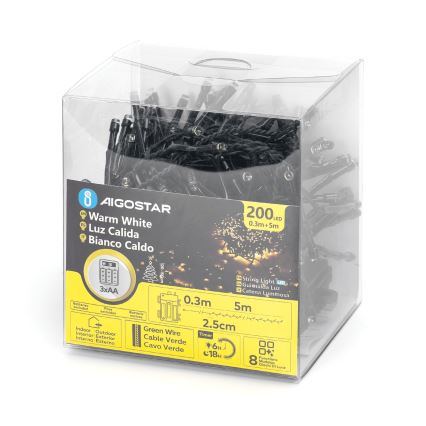 Aigostar - Cadena de luces navideñas LED para exterior, 200 LED / 8 funciones, 3xAA, 5,3 m, IP44, blanco cálido