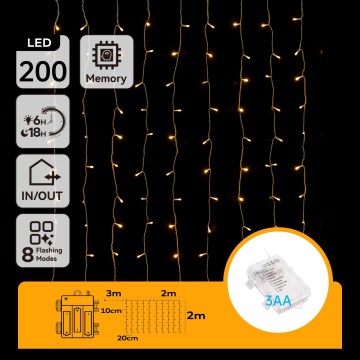 Aigostar - Cadena de luces navideñas LED para exterior, 200 LEDs/8 funciones, 3x pilas AA, 5x2m, IP44, blanco cálido