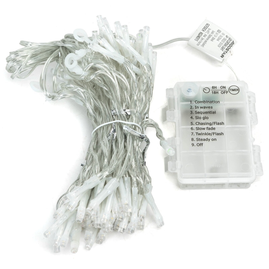 Aigostar - Cadena de luces navideñas LED para exterior, 200 LEDs/8 funciones, 3x pilas AA, 5x2m, IP44, blanco cálido