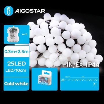 Aigostar - Cadena de luces navideñas LED para exterior 25xLED/3xAA/8 funciones 2,8 m IP44 blanco frío