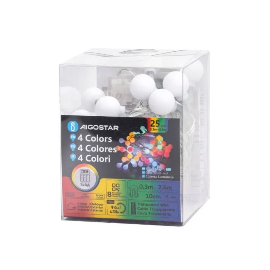Aigostar - Cadena de luces navideñas LED para exterior 25xLED/3xAA/8 funciones 2,8 m IP44 multicolor