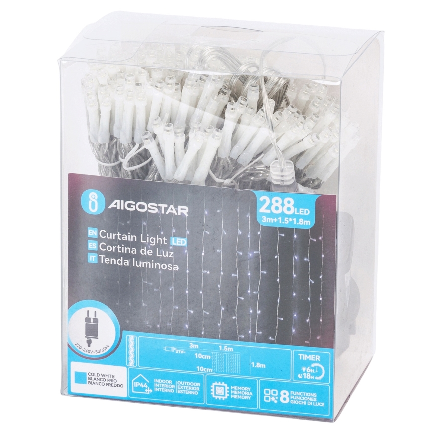 Aigostar - Guirnalda LED para exteriores 288 LED/8 funciones 1,5x1,8m IP44 blanco frío